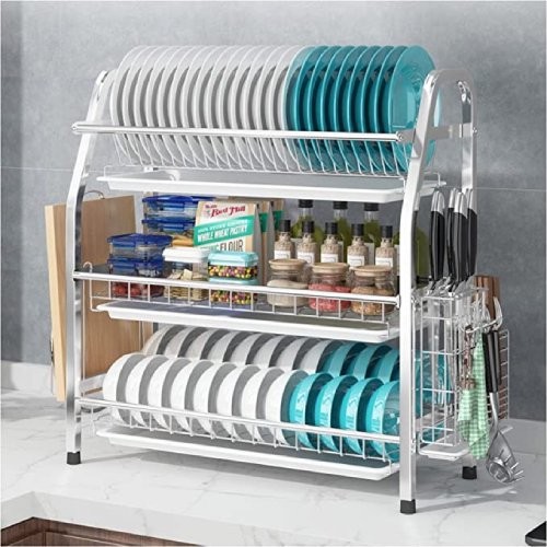 Heavy Duty 3 Tier Stainless Steel Dish Drying Rack with Utensil, Knife, Cutting Board Holder with 4 Removable Drain Boards for Kitchen Counter Organizer Storage - 56cm x 26cm x 63cm (Silver)